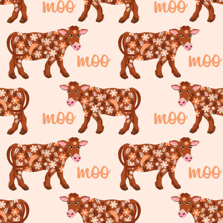 Seamless pattern, cute cows in flowers, brown and beige colors. print, textile, background, wallpaperのイラスト素材