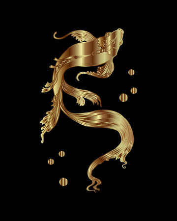 Illustration, elegant swimming golden fish on a black background. Print, poster, wall artのイラスト素材