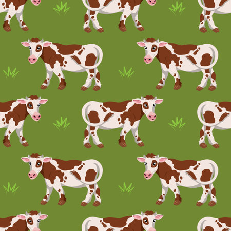 Seamless pattern, cute spotted cows on a green background with grass. Print, background, textile, cover.のイラスト素材