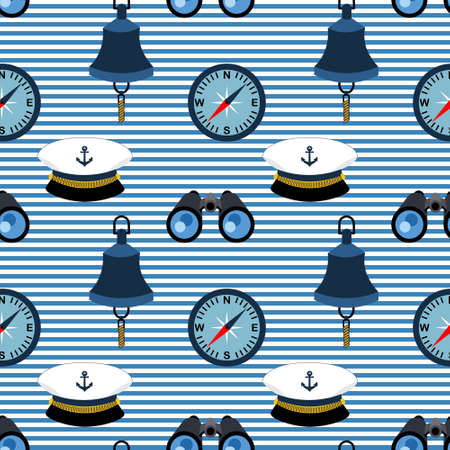Nautical seamless pattern, compass, binoculars, captain's cap and ship's bell on a striped...