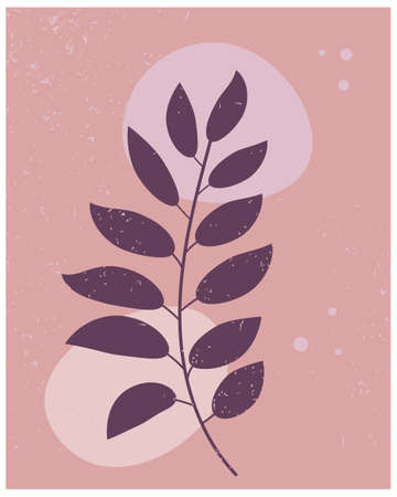 Boho style poster, branch with leaves with abstract spots on vintage texture background. Wall art, clip art, templateのイラスト素材