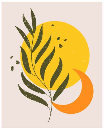Boho style poster, branch with leaves, sun and moon on vintage texture background. Wall art, print, clip art, templateのイラスト素材