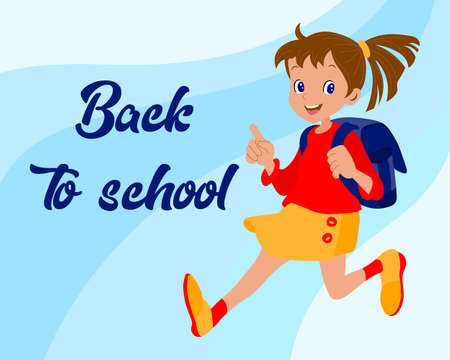 Cheerful girl with school bag runs to school and text Back to school. Baby cartoon illustration, clip art, vectorのイラスト素材