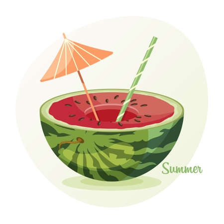 Fruit cocktail, half of a watermelon, a straw and a cocktail umbrella on a gentle background. Summer illustration, clip art, vectorのイラスト素材