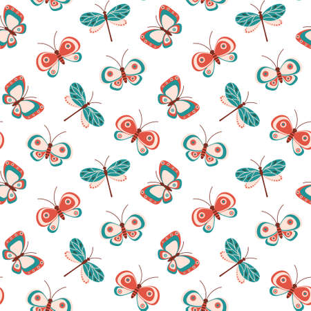 Seamless pattern, cute dragonflies and butterflies in pastel colors doodle style on a white background. Print, textile, background, wallpaper.のイラスト素材