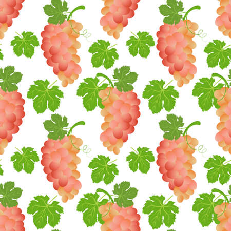 Seamless pattern, bunches of pink grapes and grape leaves with tendrils. Print, fruit background, textile, wallpaperのイラスト素材