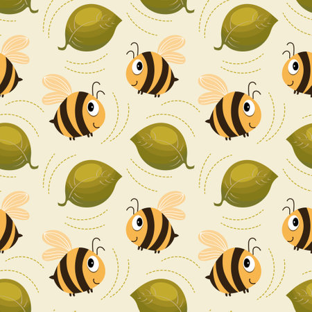 Seamless pattern, cute cheerful bees and voluminous leaves on a gentle background. Children's print, background, textile, wallpaperのイラスト素材
