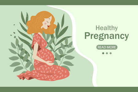 Young pregnant woman in the background with leaves and text "Healthy Pregnancy". Web resource, illustration, vectorのイラスト素材