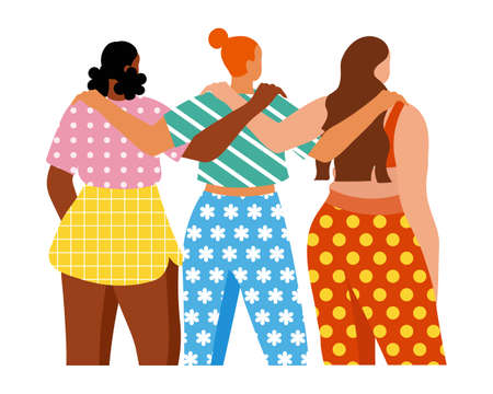 Three young women hugging each other, International Women's Day illustration. The concept of feminism. poster, vectorのイラスト素材
