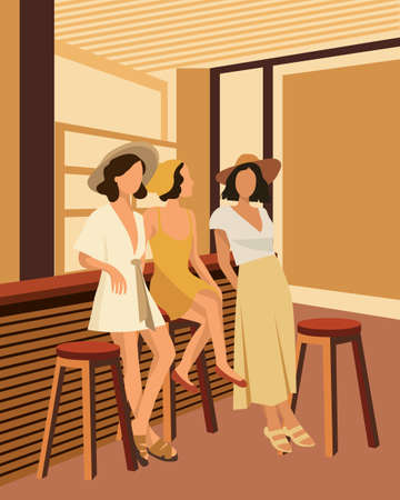 Three young women are relaxing in a bar, bachelorette party. The concept of feminism. illustration poster, vectorのイラスト素材
