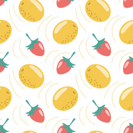 Seamless pattern, lemons and strawberries in doodle style on a white background with dotted lines. Print, fruit background, textile, wallpaperのイラスト素材
