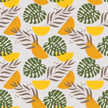 Boho style seamless pattern, sun and moon halves and tropical leaves. Vintage texture, print,...