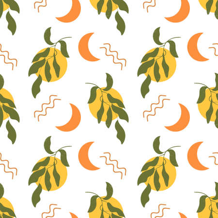 Seamless pattern in boho style, moon, sun, waves and branches with leaves. Vintage texture, print, background, textileのイラスト素材