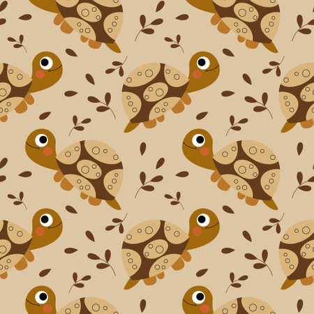 Seamless pattern, cute turtles and leaves on a beige background. Children's print, textile, background, wallpaperのイラスト素材
