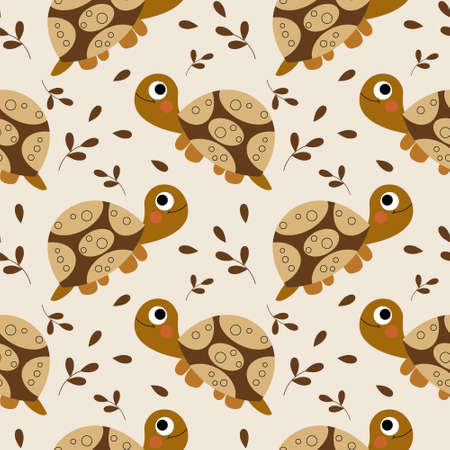 Seamless pattern, cute turtles and leaves on a beige background. Children's print, textile, background, wallpaperのイラスト素材