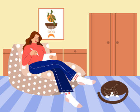 Young woman with laptop on armchair and cat in home interior. The concept of online work, home office. illustration, vectorのイラスト素材