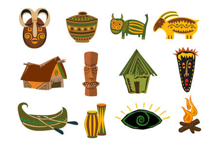 A set of household items of African tribes, mystical masks, wigwam, canoe, fire, dishes with ornaments. Retro icons, illustration, vectorのイラスト素材