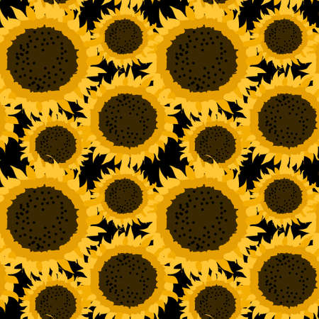 Seamless pattern, large yellow sunflowers on a dark background. Print, background, wallpaper, vectorのイラスト素材