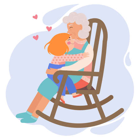 Grandmother with her granddaughter sits on a wooden retro rocking chair. Smiling elderly woman and granddaughter. illustration, vectorのイラスト素材
