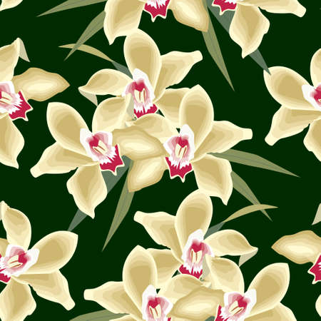 Seamless pattern, yellow daffodils with leaves close-up on a black background. Floral print, background, wallpaper, textile, vectorのイラスト素材