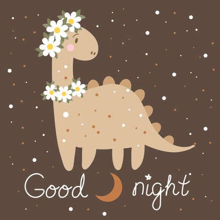 Illustration, cute cartoon baby dinosaur with daisies and text Good night on background with stars. Children's print, postcard, vectorのイラスト素材