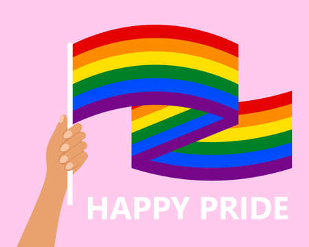 Hand holding LGBT rainbow flag and text Happy pride month on pink background. Illustration, banner, poster, vectorのイラスト素材