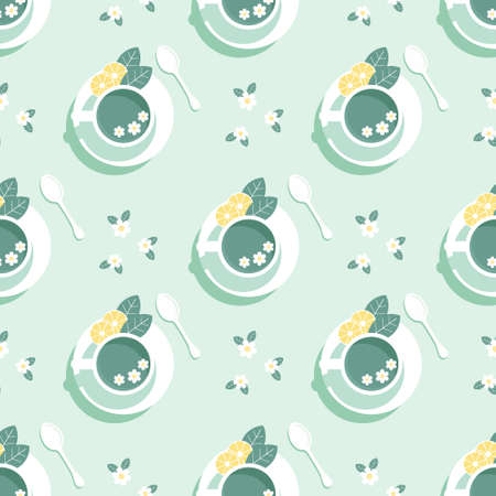 Seamless pattern, cups with mint tea, lemon slices and chamomile flowers, pastel colors. Print, background, textile, wallpaper, vectorのイラスト素材