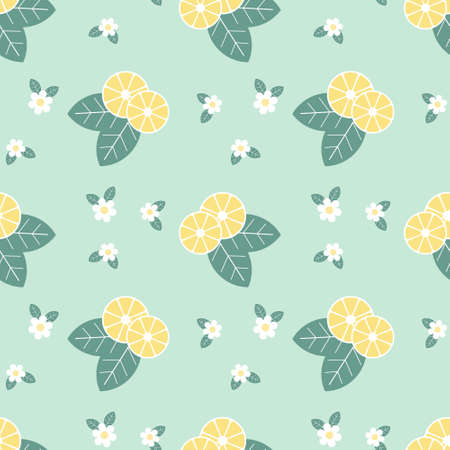 Seamless pattern, lemon slices and chamomile flowers on a mint background, pastel colors. Print,...