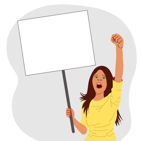 Protest concept. An angry woman protesting with a white placard and a raised fist. Illustration for text, poster. vectorのイラスト素材