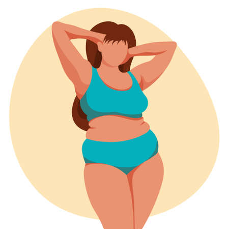 Lovely plump woman in a bathing suit. Body positivity concept. Illustration, vectorのイラスト素材