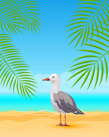 Cute seagull on a sandy beach with tropical plants against the backdrop of a seascape. Summer illustration, vectorのイラスト素材