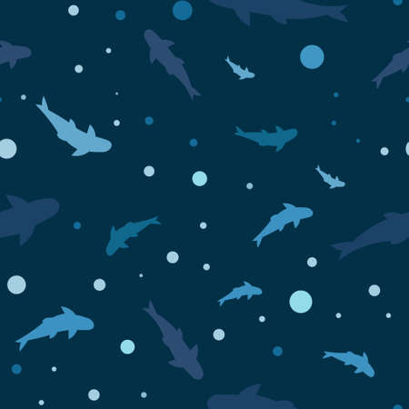 Seamless pattern, sea sharks on a blue background with dots. Print, background, wallpaper, textile, vectorのイラスト素材
