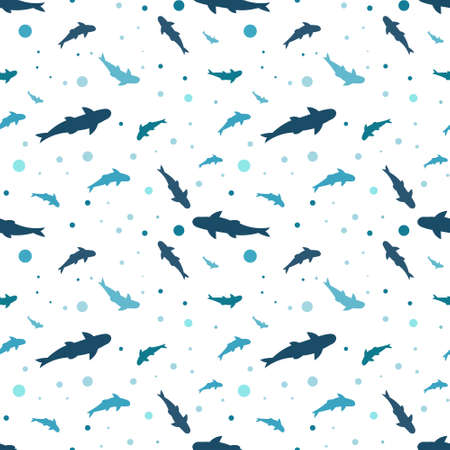 Seamless pattern, sea sharks on a white background with dots. Print, background, wallpaper, textile, vectorのイラスト素材