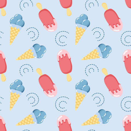 Seamless pattern, ice cream in a waffle glass and ice cream on a stick on a blue background. Summer print, background, textile, vectorのイラスト素材