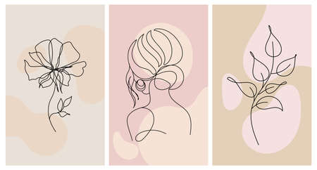 Portrait of a woman and flowers. Set of posters, line art, wall art.Black line on abstract background in pastel colors. illustration, vectorのイラスト素材