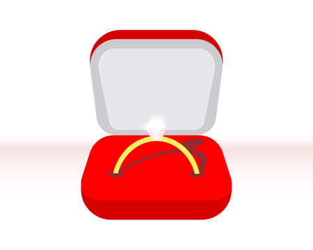 Red velvet box with gold ring and diamond. Design for wedding invitations. illustration, vectorのイラスト素材