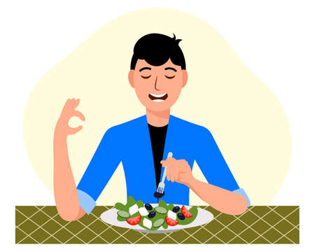 Happy guy eating greek salad and showing ok. The concept of vegetarianism and healthy eating. illustration, clip art, vectorのイラスト素材