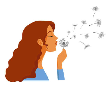 A cute smiling girl blows fluff from a dandelion. illustration, poster, vectorのイラスト素材