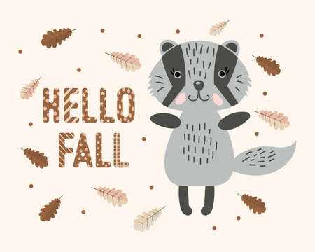 Cute badger in doodle style with autumn leaves and text Hello fall. Print, children's illustration, vectorのイラスト素材