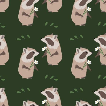 Seamless pattern, cute raccoons with daisies and leaves on a green background. Print, textile for children, background, vectorのイラスト素材