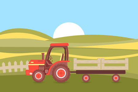 An agricultural tractor with a trailer against the backdrop of farm fields and the sky. illustration, vectorのイラスト素材