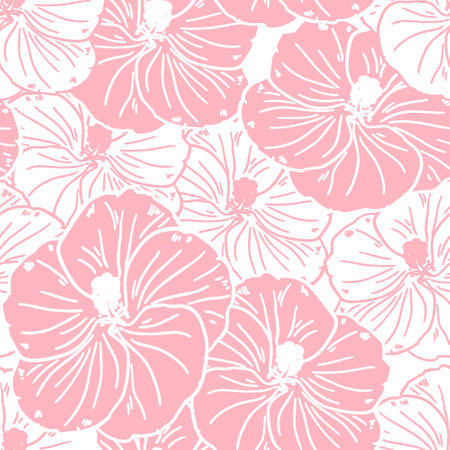 Seamless pattern, soft pink hibiscus flowers with white outline. Retro print, textile, background, vectorのイラスト素材