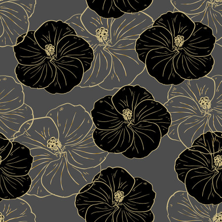Seamless pattern, black and gray hibiscus flowers with golden outline. Retro print, textile, background, vectorのイラスト素材