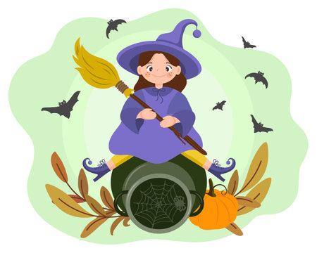 Halloween illustration, cute little cartoon witch with a broom on a magic jug, pumpkin and bats. Children's print, vectorのイラスト素材