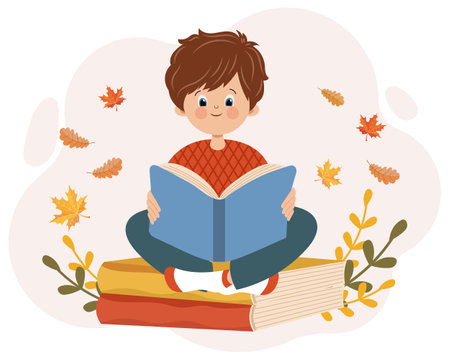 A cute boy with a book sits on books and dreams. Cartoon autumn illustration, children's print, vectorのイラスト素材