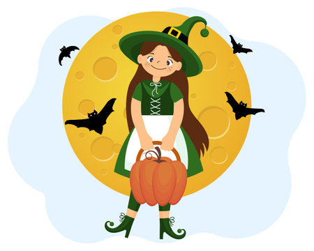 Cute little witch with pumpkin, moon and bats. Halloween illustration, bwnner, template, vectorのイラスト素材