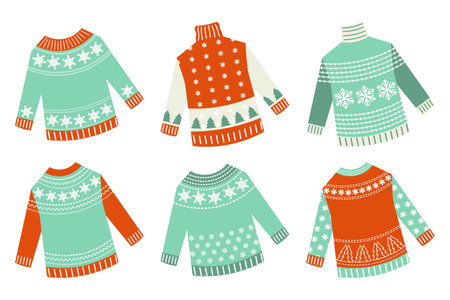 Winter knitted sweaters with winter snowflake ornament, set. icons, vectorのイラスト素材