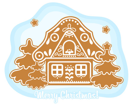 Christmas gingerbread house with fir trees and text Merry christmas. illustration, vectorのイラスト素材
