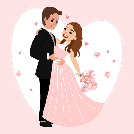 Bride and groom with a bouquet of flowers, happy newlyweds. Family concept. Illustration, wedding poster, vectorのイラスト素材