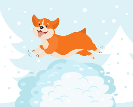 Cute cheerful dog Corgi jumps in the snow. Winter illustration, kids print, vectorのイラスト素材